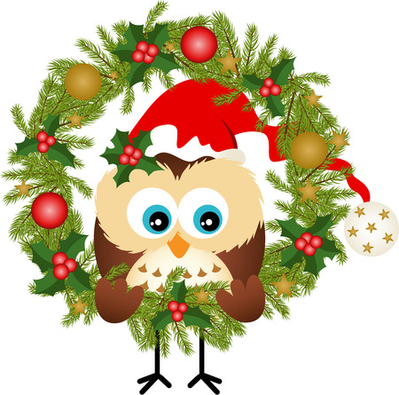 Owl sitting in a Christmas wreathのイラスト素材