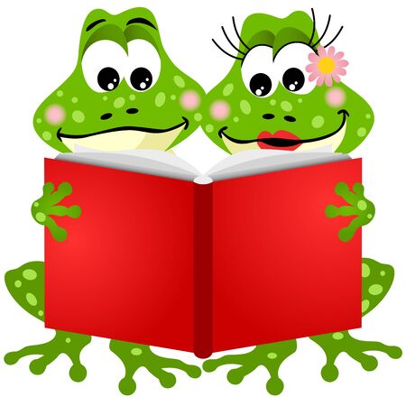 Cute frog couple reading a bookのイラスト素材