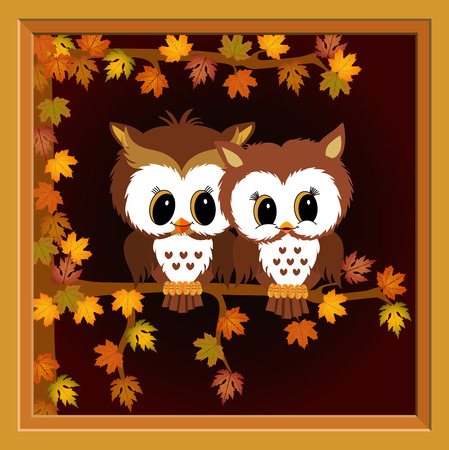Picture with couple owls on autumn treeのイラスト素材