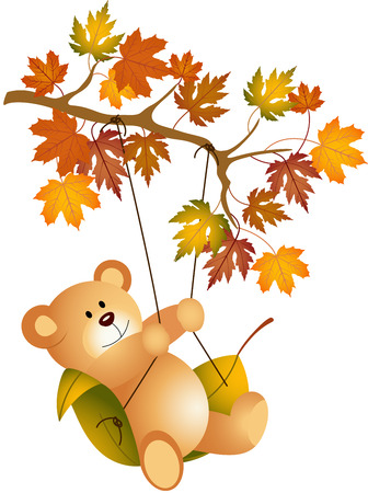 Teddy bear swinging on autumn tree branchのイラスト素材