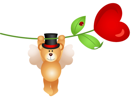 Teddy bear flying with heart flowerのイラスト素材