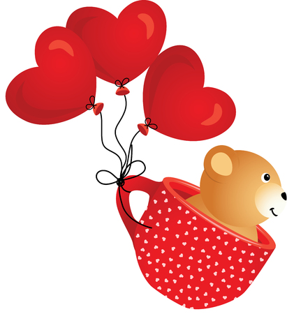 Teddy bear flying in red cup with heart balloonsのイラスト素材