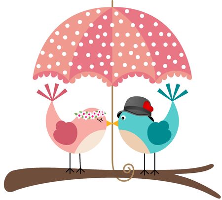 Cute birds couple under umbrellaのイラスト素材