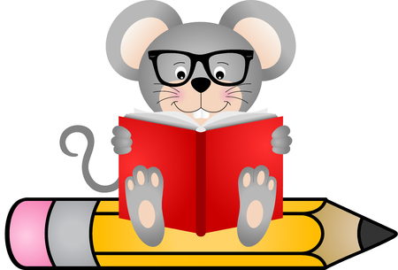 Cute mouse reading book sitting on pencilのイラスト素材