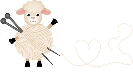 Sheep with wool yarn and knitting needlesのイラスト素材