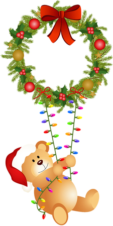 Teddy bear swinging on Christmas wreathのイラスト素材