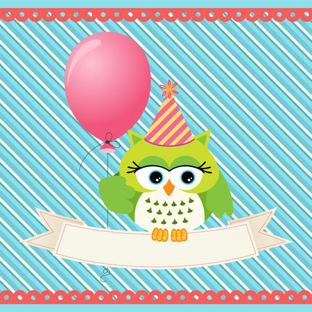 Birthday owl with balloon and banner backgroundのイラスト素材