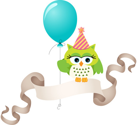 Birthday owl with balloon and ribbon bannerのイラスト素材