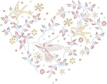 Romantic heart shape with flowers and birdsのイラスト素材