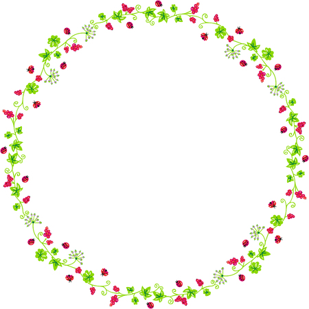 Decorative circle frame with branches and ladybirdsのイラスト素材