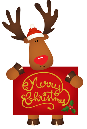 Reindeer with santa claus hat holding a Merry Christmasのイラスト素材