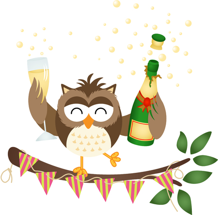 Owl at a party with bottle of champagne and glassのイラスト素材