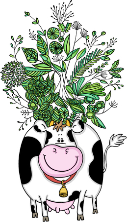Cute cow with wild herbs on the headのイラスト素材