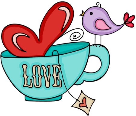 Love tea cup and cute birdのイラスト素材