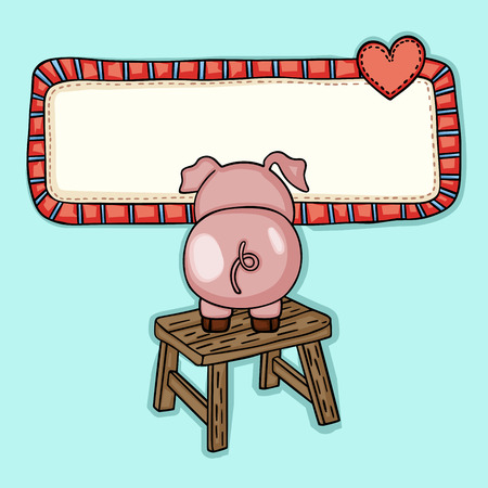 Greeting postcard with little piggy up wooden stoolのイラスト素材
