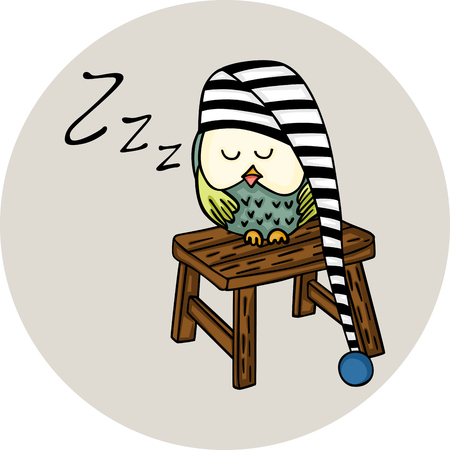 Cute owl sleeping on wooden stoolのイラスト素材