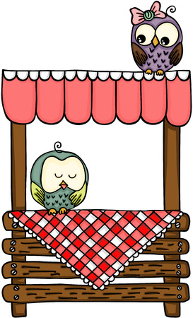 Couple owls on wooden stand for sale.のイラスト素材