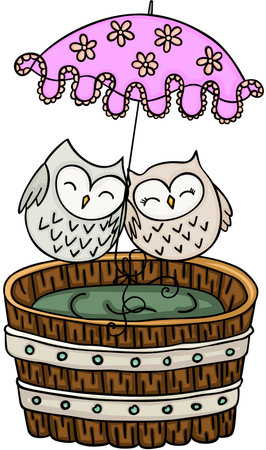 Couple owls with umbrella on wooden tub for a bathのイラスト素材