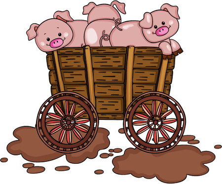 Three pigs on wooden trolleyのイラスト素材