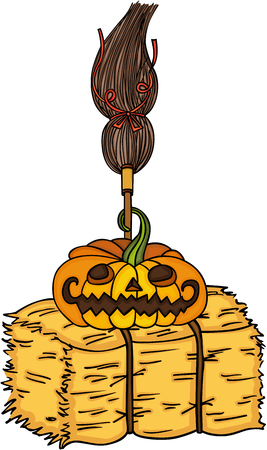 Halloween pumpkin with witch broom on bale of hayのイラスト素材