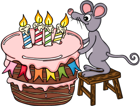 Happy mouse with big birthday cakeのイラスト素材