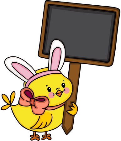 Chick with bunny ears holding blank wooden signboard illustration. Isolated on white background.のイラスト素材