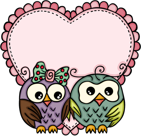Owl couple in love with big heartのイラスト素材