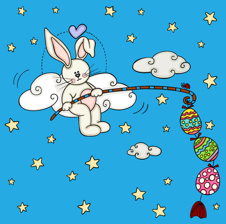 Cute bunny fishing a easter eggsのイラスト素材