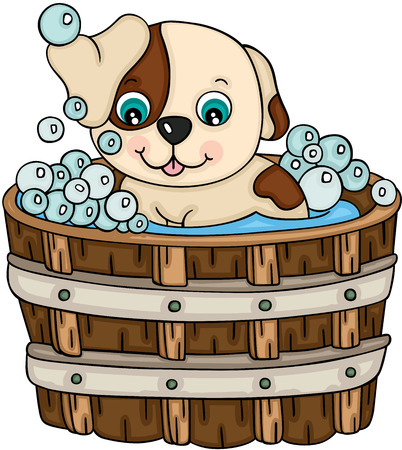 Cute dog taking a bath in wooden tubのイラスト素材