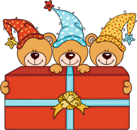 Three cute teddy bears with big red gift boxのイラスト素材