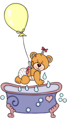 Baby teddy bear with balloon and bathtubのイラスト素材