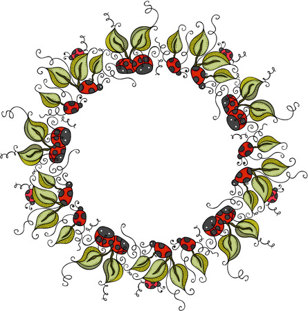 Circle border frame with green leaves and ladybugsのイラスト素材