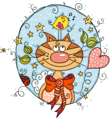 Cheerful cat with a birdのイラスト素材