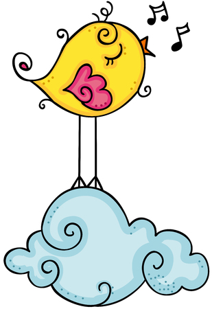 Cute yellow bird singing on cloudのイラスト素材