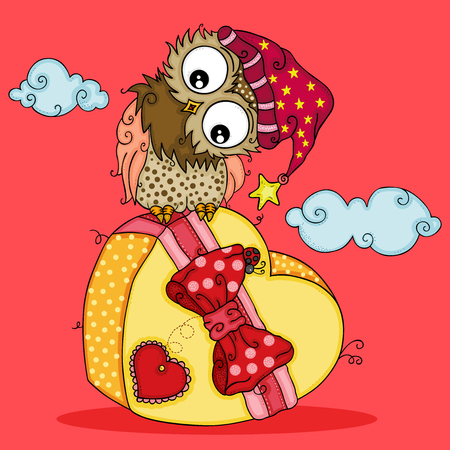 Illustration of owl above yellow heart gift box on red backgroundのイラスト素材