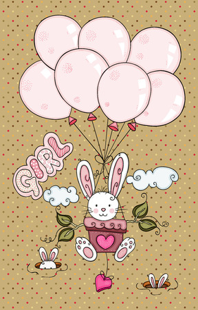 Girl illustration of a bunny flying with balloonsのイラスト素材