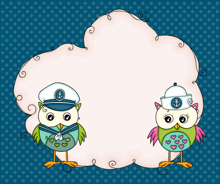 Background with blank cloud and couple sailor owlsのイラスト素材