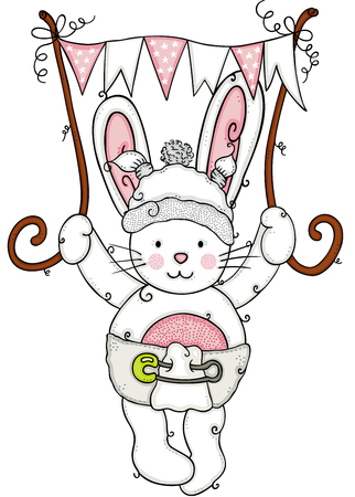 Baby bunny flying holding a pink flag bannerのイラスト素材