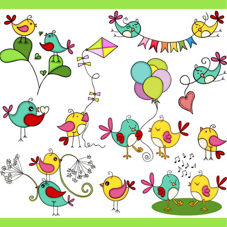 Two cute birds in different positions set digital elementsのイラスト素材