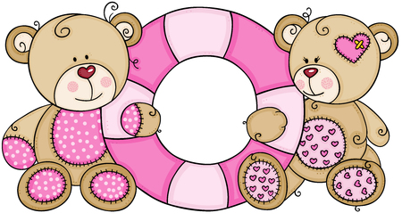 Two cute teddy bears holding a pink floating inflatable swimmingのイラスト素材