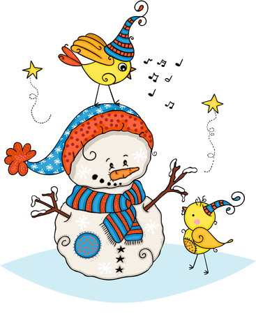 Friendly snowman with two cute yellow birdsのイラスト素材