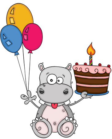 Cute hippo holding a birthday cake and three balloonsのイラスト素材