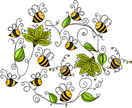 Green leaves and happy beesのイラスト素材