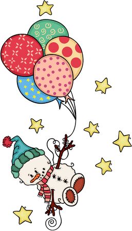 Cute snowman holding balloons and flying on starsのイラスト素材
