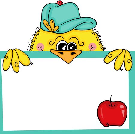 Yellow bird holding a blank label with a cherryのイラスト素材