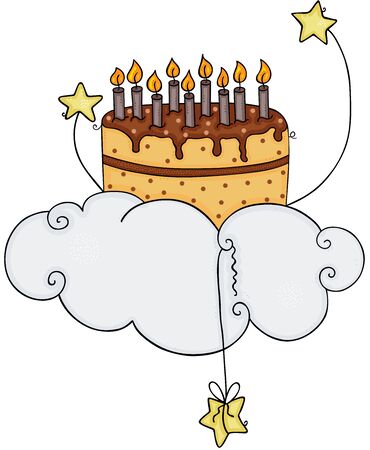 Birthday cake flying on sky with cloud and starsのイラスト素材