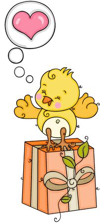 Cute yellow bird thinking of love upon gift with leavesのイラスト素材