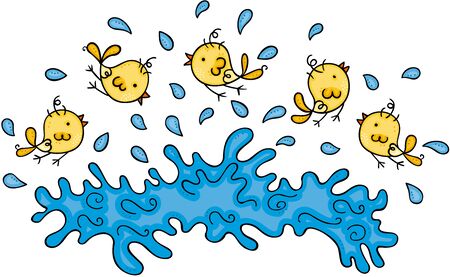 Five little birds playing in the waterのイラスト素材