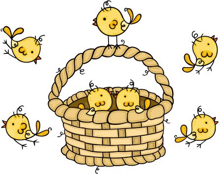Wicker basket with little yellow birdsのイラスト素材
