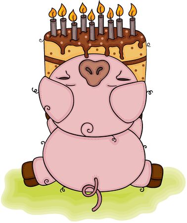 Cute pig holding a birthday cakeのイラスト素材